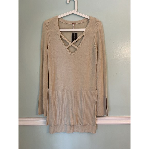 Free People  Criss Cross Front Longline Tunic Sweater oatmeal cream  XS … - Picture 4 of 7